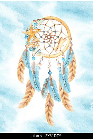 Dream Catcher Card ou modèle d'affiche avec des coquillages et des pierres de mer, des perles et des plumes bleues et beiges, des éclaboussures d'aquarelle bleues. Main aquarelle Banque D'Images