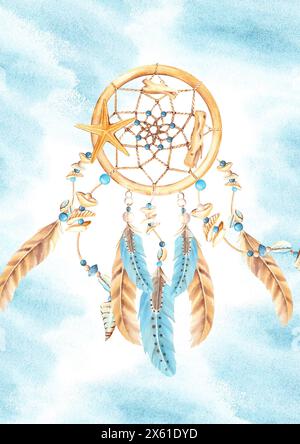 Dream Catcher Card ou modèle d'affiche avec des coquillages et des pierres de mer, des perles et des plumes bleues et beiges, des éclaboussures d'aquarelle bleues. Main aquarelle Banque D'Images