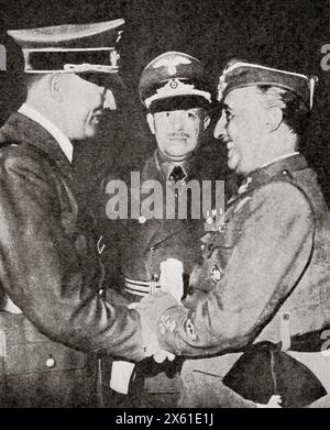 Réunion d'Hitler avec Franco dans une tentative de gagner de nouveaux alliés, 23-28 octobre 1940. Adolf Hitler, 1889 – 1945. Homme politique allemand, démagogue, révolutionnaire panallemand, chef du parti nazi, chancelier d'Allemagne et Führer de l'Allemagne nazie de 1934 à 1945. Francisco Franco Bahamonde, alias El Caudillo, 1892 – 1975. Général militaire espagnol, dirigeant de l'Espagne de 1939 à 1975 en tant que dictateur. De la Guerre en images, sixième année. Banque D'Images