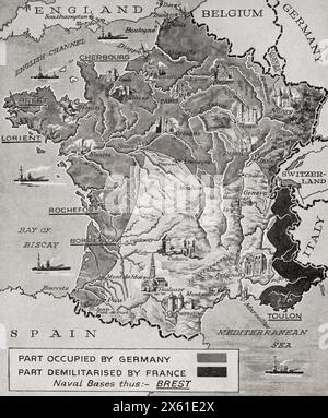 Carte montrant l'occupation et la démilitarisation de la France par l'Allemagne pendant la seconde Guerre mondiale. De la Guerre en images, première année. Banque D'Images