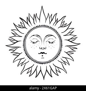 Soleil de tarot vintage avec le visage avec les yeux fermés et les rayons, logo d'astrologie céleste, tatouage boho pour le zodiaque. Illustration vectorielle dessinée à la main magique isolée Illustration de Vecteur