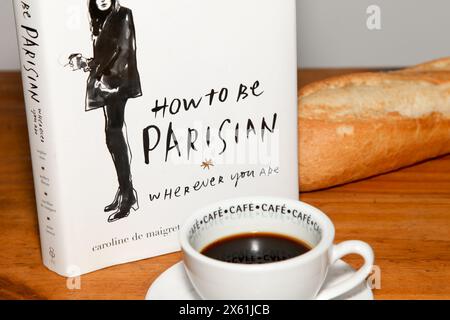 Réservez Comment être parisien, où que vous soyez. Par Sophie Mas, Audrey Diwan, Caroline de Maigret, Anne Berest. Thème avec baguette au café Banque D'Images