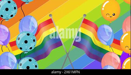 Image de drapeaux de fierté et de ballons sur fond arc-en-ciel Banque D'Images