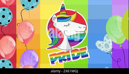 Image de texte de fierté avec licorne et ballons sur fond arc-en-ciel Banque D'Images