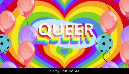 Image de texte queer et de ballons sur fond arc-en-ciel Banque D'Images