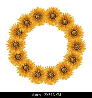 Couronne de tournesols aquarelle. Cadre rond avec fleurs jaunes. Composition florale estivale. Arrangement de fleurs d'automne. Botanique dessiné à la main Banque D'Images