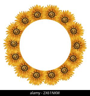 Couronne de tournesols aquarelle. Cadre rond avec fleurs jaunes. Composition florale estivale. Arrangement de fleurs d'automne. Botanique dessiné à la main Banque D'Images