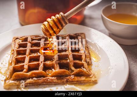 Le miel se déverse sur des gaufres belges fraîches. Nourriture saine biologique riche en minéraux et vitamines. ECO-produits pour le petit déjeuner. Confiseur sucré à la mode Banque D'Images