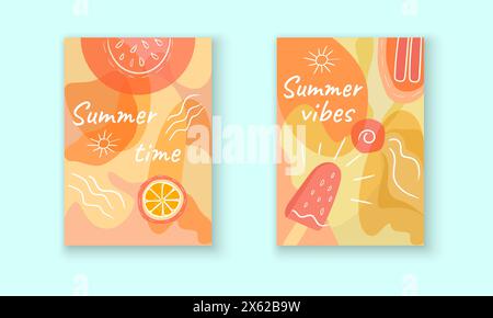Affiches vectorielles Summer Time et Vibes collection d'illustrations estivales. Décorations tropicales lumineuses avec des agrumes et de la crème glacée dans un style abstrait Illustration de Vecteur