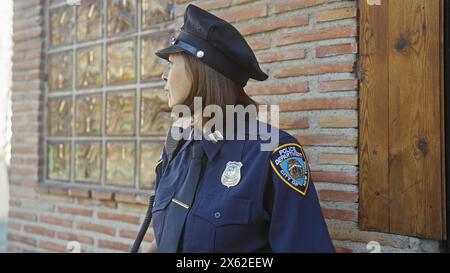 Une femme officier mûre se tient près d'un mur de briques, symbolisant l'application de la loi dans un environnement urbain. Banque D'Images