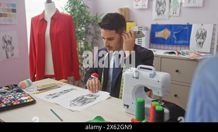 Bel homme hispanique écoutant la messagerie vocale dans un tailleur avec des croquis de tissu et une machine à coudre. Banque D'Images