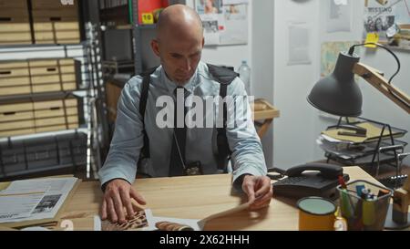 Homme détective chauve examine les preuves au bureau du département de police, incarnant l'enquête et l'application de la loi. Banque D'Images