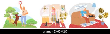 Personnages de dessins animés de personnes âgées avec illustration vectorielle d'animaux de compagnie Illustration de Vecteur