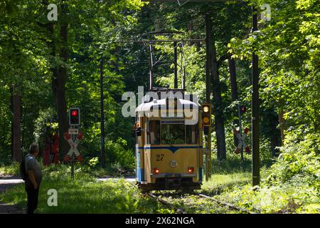 Straßenbahnromantik Die Straßenbahnlinie 87, fotografiert am 12. Mai 2024, verkehrt zwischen dem S-Bahnhof Rahnsdorf und Woltersdorf in Brandebourg. SIE zählt zu den schönsten Straßenbahnstrecken à Berlin. VOR allem im Herbst ist sie das Ziel vieler Fotografen. Auf dem Bild ist ein sogenannter Gothawagen zu sehen. Die alten DDR-Straßenbahnen wurden im Waggonwerk Gotha gefertigt Berlin Deutschland FH0A2791 *** tramway Romance la ligne de tramway 87, photographiée le 12 mai 2024, relie la station de S-Bahn de Rahnsdorf à Woltersdorf dans le Brandebourg Banque D'Images