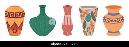 Ensemble de vases en céramique colorés. Vase en porcelaine pour fleurs, poterie antique, motifs floraux et abstraits. Vase poterie pour la décoration. Style plat tendance isolé sur blanc. Illustration vectorielle Illustration de Vecteur