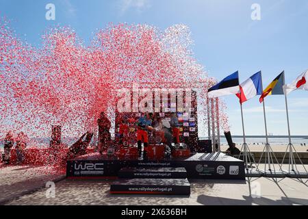 Matoshinhos, Portugal. 12 mai 2024. 17 OGIER Sebastien, LANDAIS Vincent, Toyota GR Yaris Rally1, 08 TANAK Ott, JARVEOJA Martin, Hyundai I20 Rally1, 11 NEUVILLE Thierry, WYDAEGHE Martijn, Hyundai I20 Rally1, podium, portrait Matosinhos lors du Rallye de Portugal 2024, 5ème manche du Championnat du monde des Rallye-voitures 2024 WRC, du 9 au 12 mai 2024 à Matoshinhos, Portugal - photo Paulo Maria/DPPI crédit : DPPI Media/Alamy Live News Banque D'Images