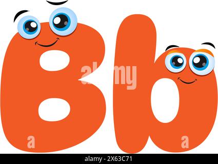 Orange Cute Cartoon illustration de majuscules et minuscules lettre B. caractères alphabétiques illustrés avec des yeux drôles. Lettre drôle d'enfants avec des yeux. Illustration de Vecteur