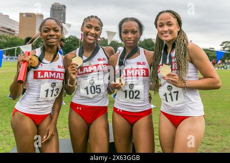 11 mai 2024 : les coéquipiers de Lamar célèbrent leur médaille de bronze au relais 4x400 mètres féminin lors des championnats d'athlétisme en plein air de la conférence Southland 2024 au Wendel D. Ley Track & Holloway Field à Houston, au Texas. Prentice C. James/CSM Banque D'Images