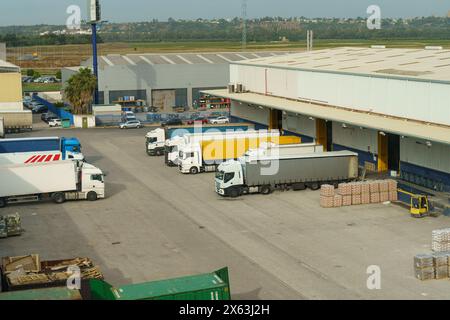 Plusieurs camions de différentes tailles et couleurs sont garés soigneusement en rangées dans un grand parking dédié aux opérations de transport et de logistique. Banque D'Images