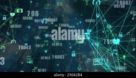 Image de nombres changeants, icônes connectées formant globe sur fond abstrait Banque D'Images