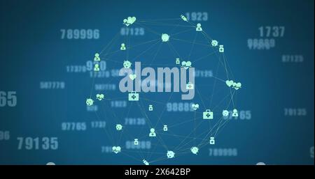 Image d'icônes connectées formant un globe avec des numéros changeants sur fond bleu Banque D'Images