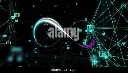 Image du symbole de l'infini sur des icônes connectées formant des globes sur fond noir Banque D'Images