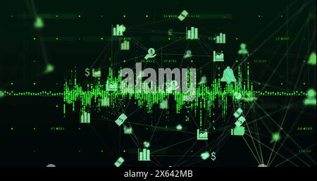 Image d'un graphique sur des icônes connectées formant un globe sur fond noir Banque D'Images