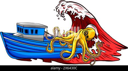 illustration vectorielle d'un voilier et d'un poulpe géant de kraken sur fond blanc Illustration de Vecteur