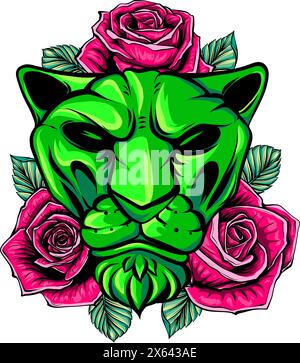 Illustration du lion avec des roses et des feuilles sur fond blanc. Illustration de Vecteur