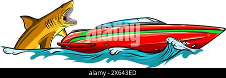Requin affamé avec un gros bateau d'attaque à mâchoires de l'eau. Illustration de Vecteur