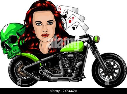 motard en forme de crâne avec illustration vectorielle femme sur fond blanc Illustration de Vecteur