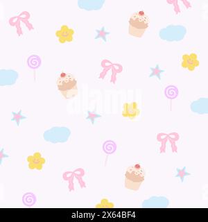 Illustration de cupcake, ruban rose, bonbons pour dessert sucré, carte d'anniversaire, fête, emballage cadeau, emballage, fond, tissu, papier peint, toile de fond Illustration de Vecteur