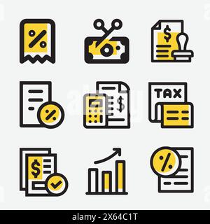 Jeu simple d'icônes de ligne vectorielle liées à la taxe en jaune. Contient des informations telles que rapport d'argent, taux d'intérêt, déclaration d'impôt et plus encore. Illustration de Vecteur