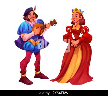 Personnages de musicien de la reine et de la cour isolés sur fond blanc. Illustration de bande dessinée vectorielle de compositeur masculin jouant de la guitare, femelle en couronne dorée royale et robe rouge, conception de costumes de carnaval Illustration de Vecteur