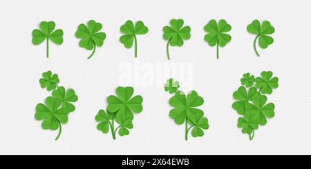 Feuille de trèfle vert avec trois et quatre pétales sur fond transparent. Ensemble de vecteur 3D réaliste de Shamrock symbole irlandais chanceux. Trèfle et quatrefoil simples et groupés pour le design St Patrick. Illustration de Vecteur