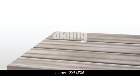 Surface de dessus de table en bois gris avec vue d'angle d'angle sur fond blanc. Illustration vectorielle 3d réaliste du bureau en bois de cuisine rustique vide. Panneau de comptoir texturé pour la présentation de produits. Illustration de Vecteur