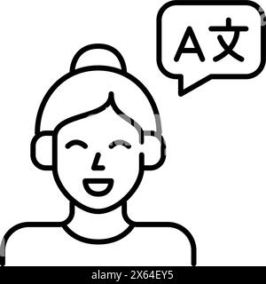 Femme dans des écouteurs et bulle de parole avec traduction de langues. Apprendre les langues en écoutant des podcasts. Pixel Perfect, contour modifiable vec Illustration de Vecteur
