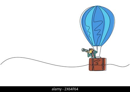 Simple ligne continue dessinant homme d'affaires regardant à travers le télescope dans la mallette de ballon à air chaud. Homme dans la valise recherche de ballon à la réussite. Affaires Illustration de Vecteur