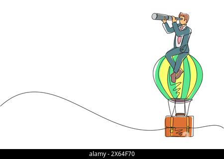 Simple une ligne dessinant homme d'affaires assis et regardant à travers le télescope dans la mallette de montgolfière. Homme dans la valise de recherche de ballon à la réussite. Bu Illustration de Vecteur