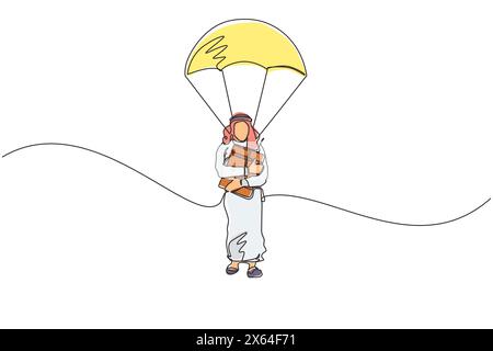 Ligne continue unique dessinant homme d'affaires arabe tenant une mallette et sautant avec parachute. Les gens d'affaires parachutiste risque danger et concept de sécurité. Illustration de Vecteur