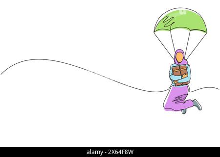 Simple une ligne dessinant femme d'affaires arabe tenant mallette et sautant avec parachute. Les gens d'affaires Skydiver risque danger, concept de sécurité. Conti Illustration de Vecteur