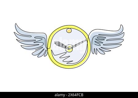 Horloge de dessin simple d'une ligne avec des ailes volant dans le ciel. Concept de temps perdu. Temps avec horloge ailée volant dans le ciel. Le temps passe vite. conti moderne Illustration de Vecteur