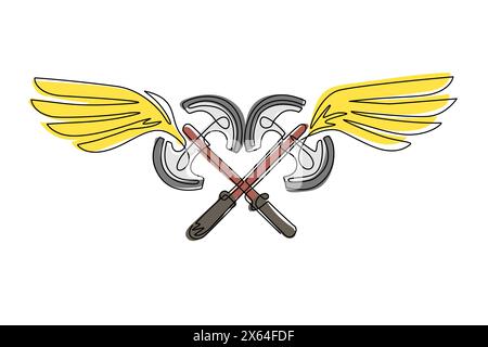 Dessin en ligne continue unique volant deux axes croisés. Arme de guerrier fantastique médiéval. Logo ailé à deux axes croisés avec aile déployée élégante Illustration de Vecteur