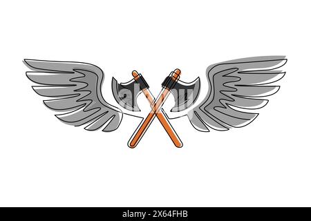 Simple une ligne dessinant deux axes croisés volent avec des ailes. EQUIPEMENT pour bûcheron ou pompier. Logo ailé à deux axes croisés avec une extension élégante Illustration de Vecteur