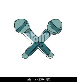 Ligne continue unique dessinant deux microphones croisés logo. Influence des médias sociaux, concept de diffusion. Soirée karaoké, bataille de rap, équipement audio. Illustration de Vecteur