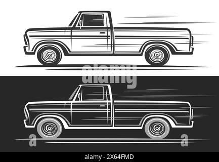 Logo vectoriel pour camionnette, bannières décoratives horizontales avec illustration simple de contour de camionnette américaine monochrome en mouvement, dessiné à la main Illustration de Vecteur