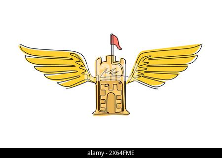 Continue d'une ligne dessinant l'emblème de la forteresse antique avec des ailes. Armoiries héraldiques, logo vintage. Logo rétro dans le style ancien sur backgro blanc isolé Illustration de Vecteur