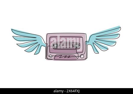 Cassette rétro de dessin simple d'une ligne avec icône d'autocollant d'ailes. Cassette Music Angel Wing Fly logo template. Cassette ange avec ailes et plat s Illustration de Vecteur