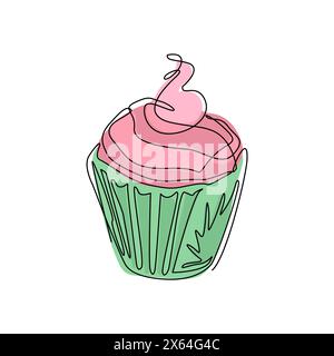 Cupcake à dessin continu d'une ligne avec logo crème et cerise. Dessin à la main art dessert thème avec muffin et cerise rouge pour logo isolé. Minimalis Illustration de Vecteur