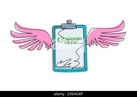 Presse-papiers de dessin continu d'une ligne avec icône ailes. Tâche terminée. Icône de document approuvé signé. Projet terminé. Signe de coche. Affiche de feuille de travail. S Illustration de Vecteur